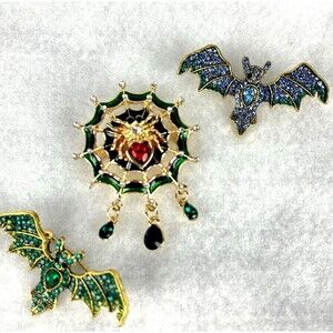Enamel Spider web Dangle Brooch green & Blue Rhinestone Bat pins gold tone